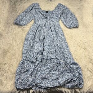 Wild Moss Women's L Blue Floral Puff Sleeve Midi Dress Cottagecore Coastal